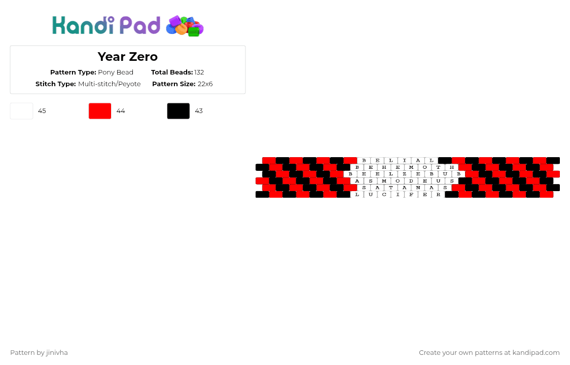 Year Zero cuff - Pony Bead Pattern by jinivha on Kandi Pad - red,white,year zero,ghost,ghost band,lucifer,satan