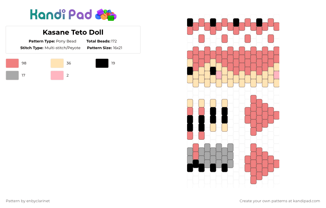 Kasane Teto Doll - Pony Bead Pattern by enbyclarinet on Kandi Pad - red,beige,teto,vocaloid,kasane,kasane teto