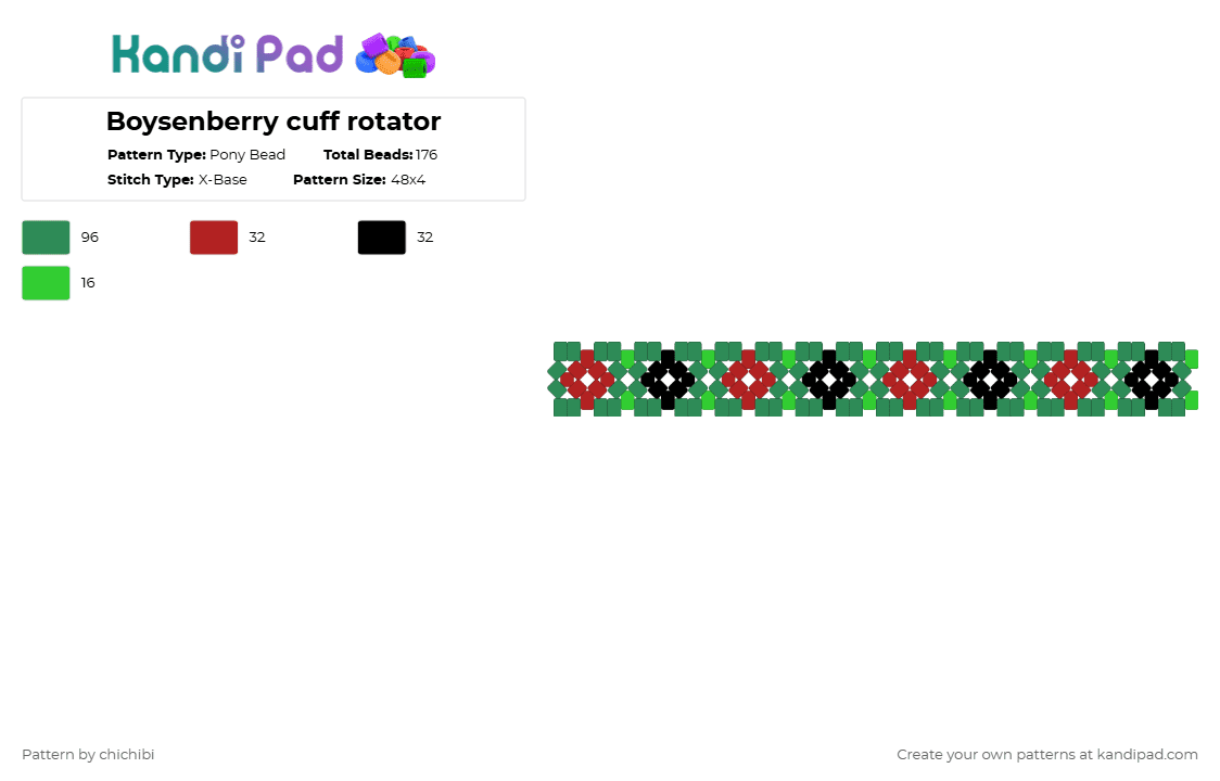Boysenberry cuff rotator - Pony Bead Pattern by enbyclarinet on Kandi Pad - green,boysenberry,berry,cuff,rotator,rotating