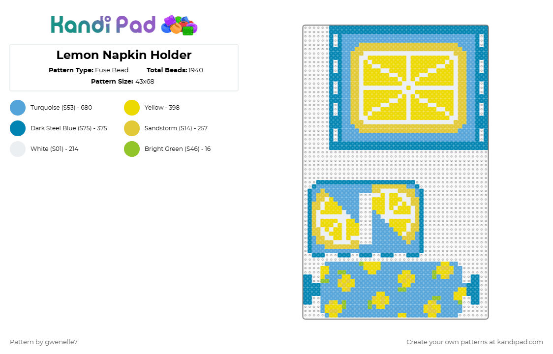 Lemon Napkin Holder - Fuse Bead Pattern by gwenelle7 on Kandi Pad - light blue,yellow