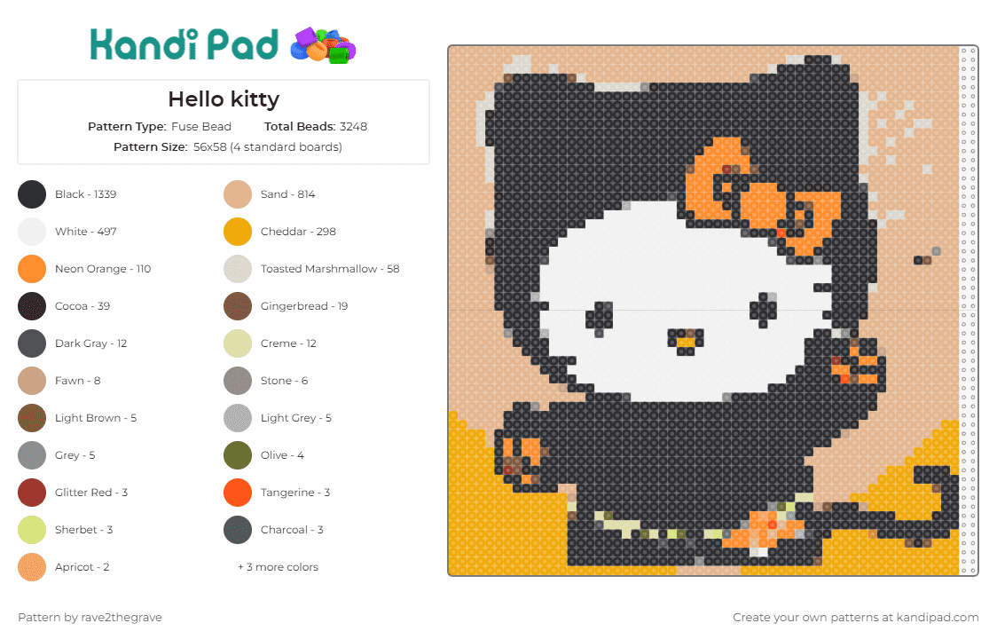 Hello kitty - Fuse Bead Pattern by rave2thegrave on Kandi Pad - hello kitty,sanrio,sweet,charming,adorable,whimsical,cute,iconic,character,black,orange