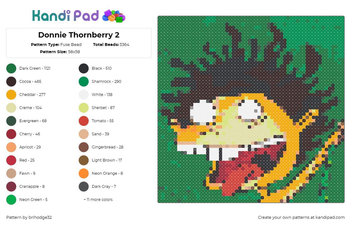 Donnie Thornberry 2 - Fuse Bead Pattern by brihodge32 on Kandi Pad - donnie,wild thornberrys,wild,untamed,energetic,animation,classic,vibrant,charact