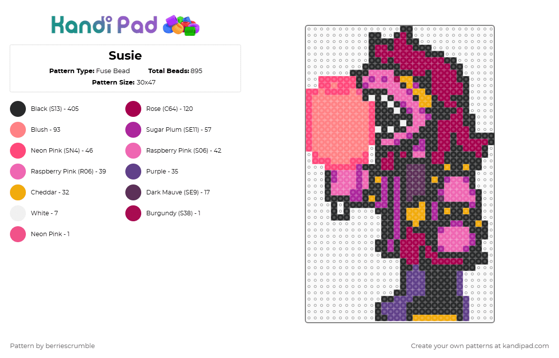 Susie - Fuse Bead Pattern by berriescrumble on Kandi Pad - pink,red,deltarune,susie,chapter 1,susiezilla,cotton candy,undertale