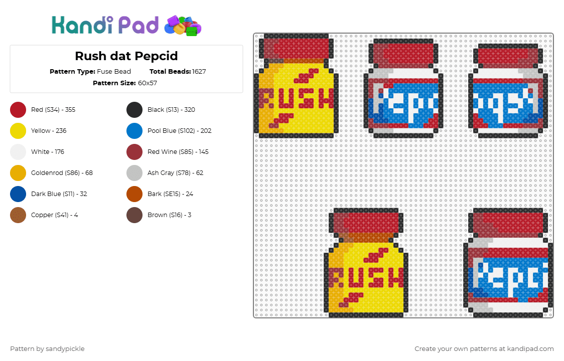 Rush dat Pepcid - Fuse Bead Pattern by sandypickle on Kandi Pad - red,yellow,blue