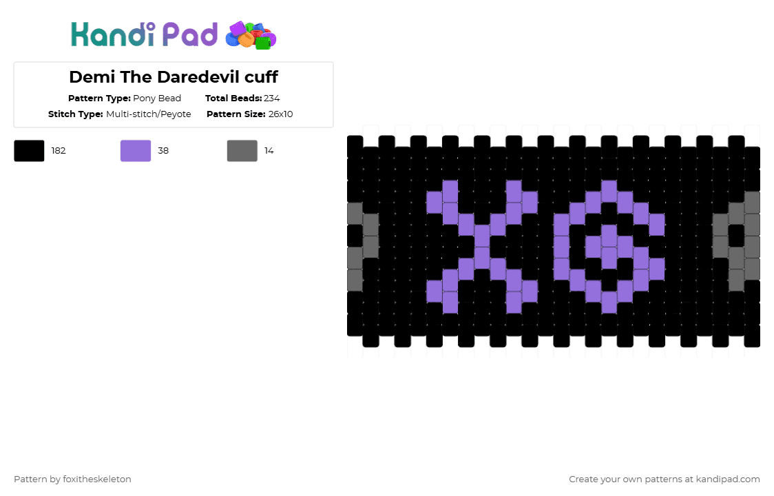 Demi The Daredevil cuff - Pony Bead Pattern by foxitheskeleton on Kandi Pad - black,purple,gray