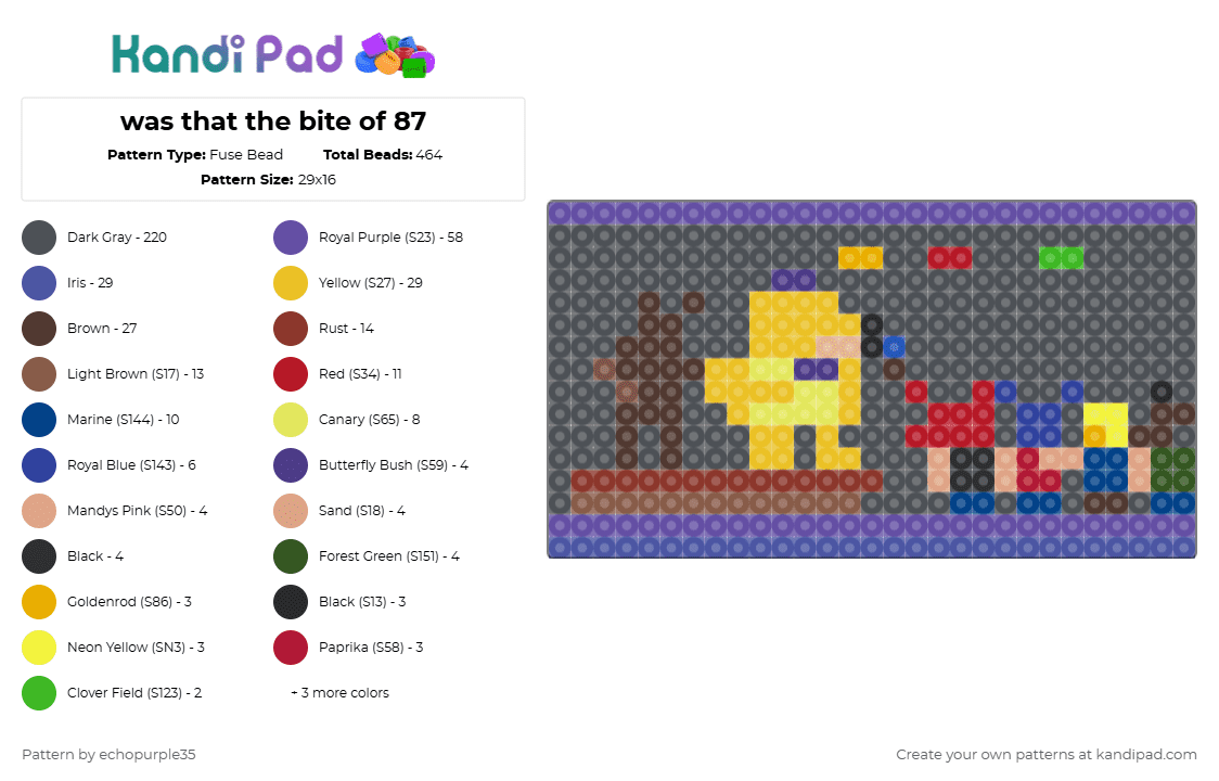 was that the bite of 87 - Fuse Bead Pattern by echopurple35 on Kandi Pad - gray,purple,yellow
