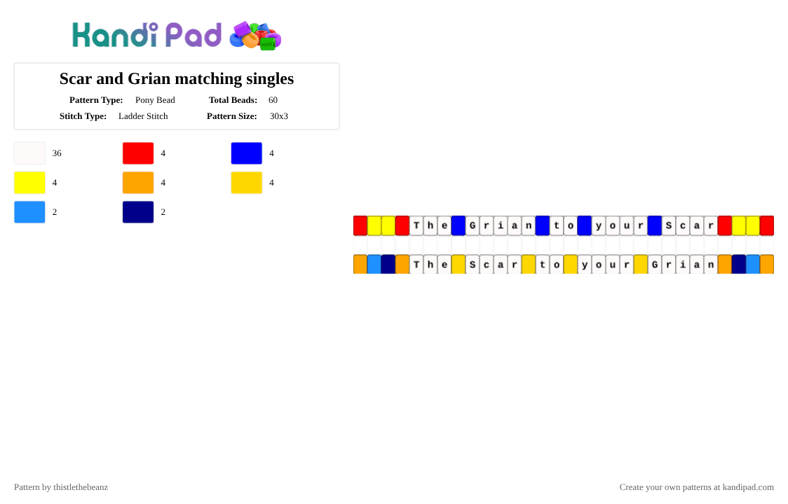 Scar and Grian matching singles - Pony Bead Pattern by thistlethebeanz on Kandi Pad - white,purple,yellow