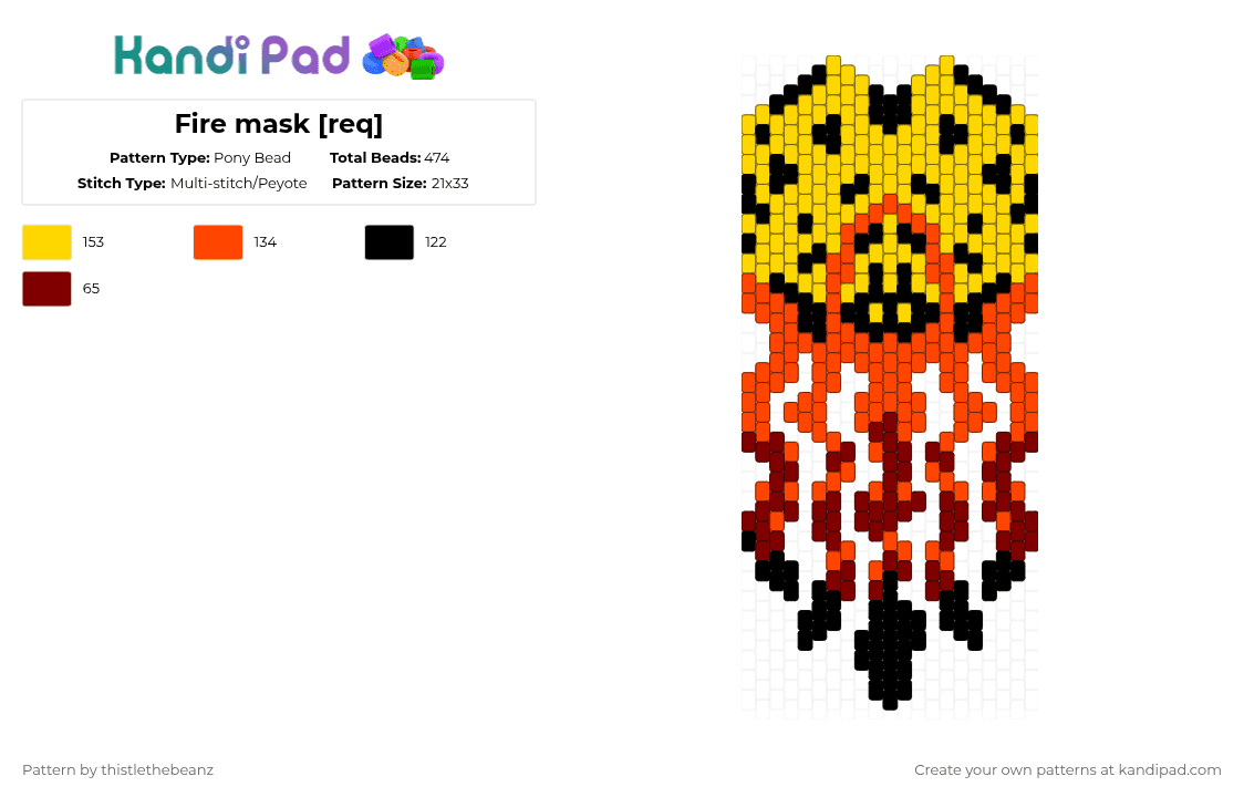 Fire mask [req] - Pony Bead Pattern by thistlethebeanz on Kandi Pad - yellow,red