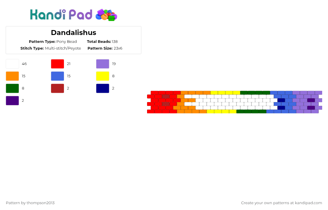 Dandalishus - Pony Bead Pattern by thistlethebeanz on Kandi Pad - red,orange,blue,purple,rainbow,cuff