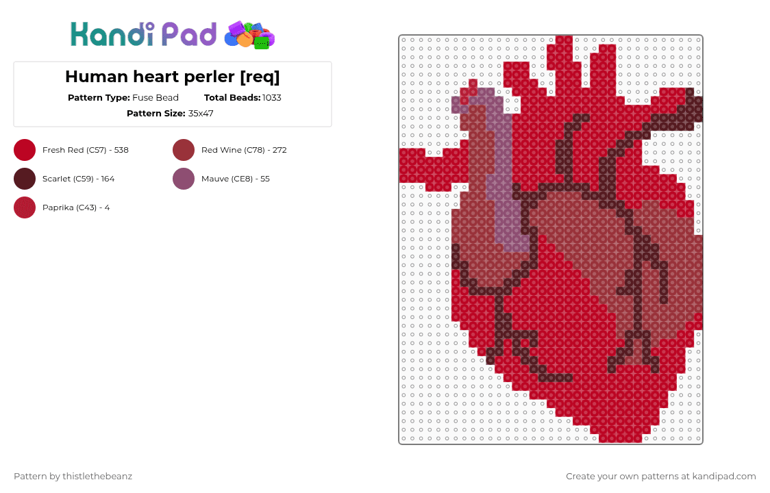 Human heart perler [req] - Fuse Bead Pattern by thistlethebeanz on Kandi Pad - human heart,heart,bead art,anatomy,medical,red
