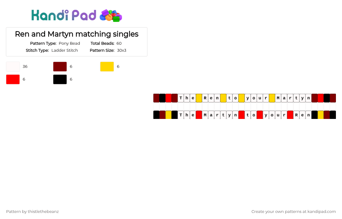 Ren and Martyn matching singles - Pony Bead Pattern by thistlethebeanz on Kandi Pad - white,brown,yellow,red