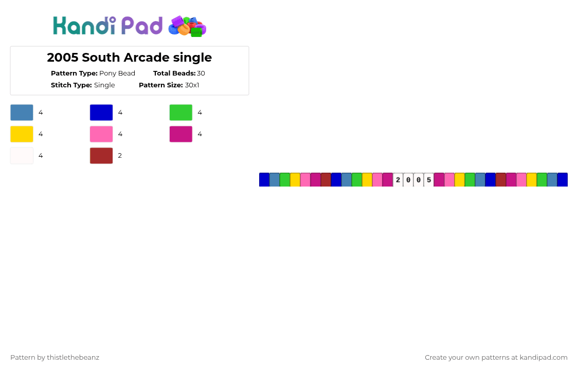 2005 South Arcade single - Pony Bead Pattern by thistlethebeanz on Kandi Pad - colorful, purple, yellow