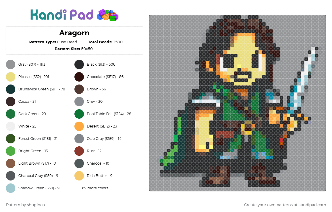 Aragorn - Fuse Bead Pattern by shuginco on Kandi Pad - gray,brown,yellow