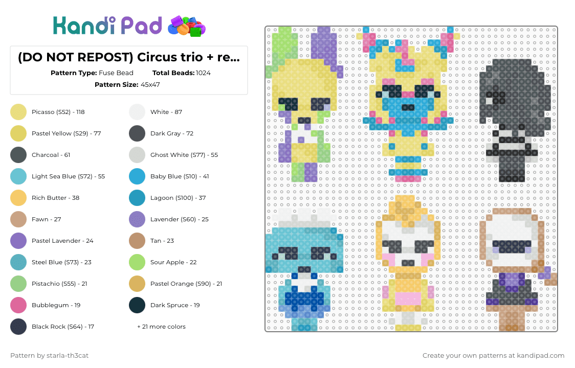 (DO NOT REPOST) Circus trio + requests!!! // Dandy’s world - Fuse Bead Pattern by starla-th3cat on Kandi Pad - pink,light blue,yellow,gray,dandys world,roblox,yatta,looey,blot,tisha,glisten,rodger