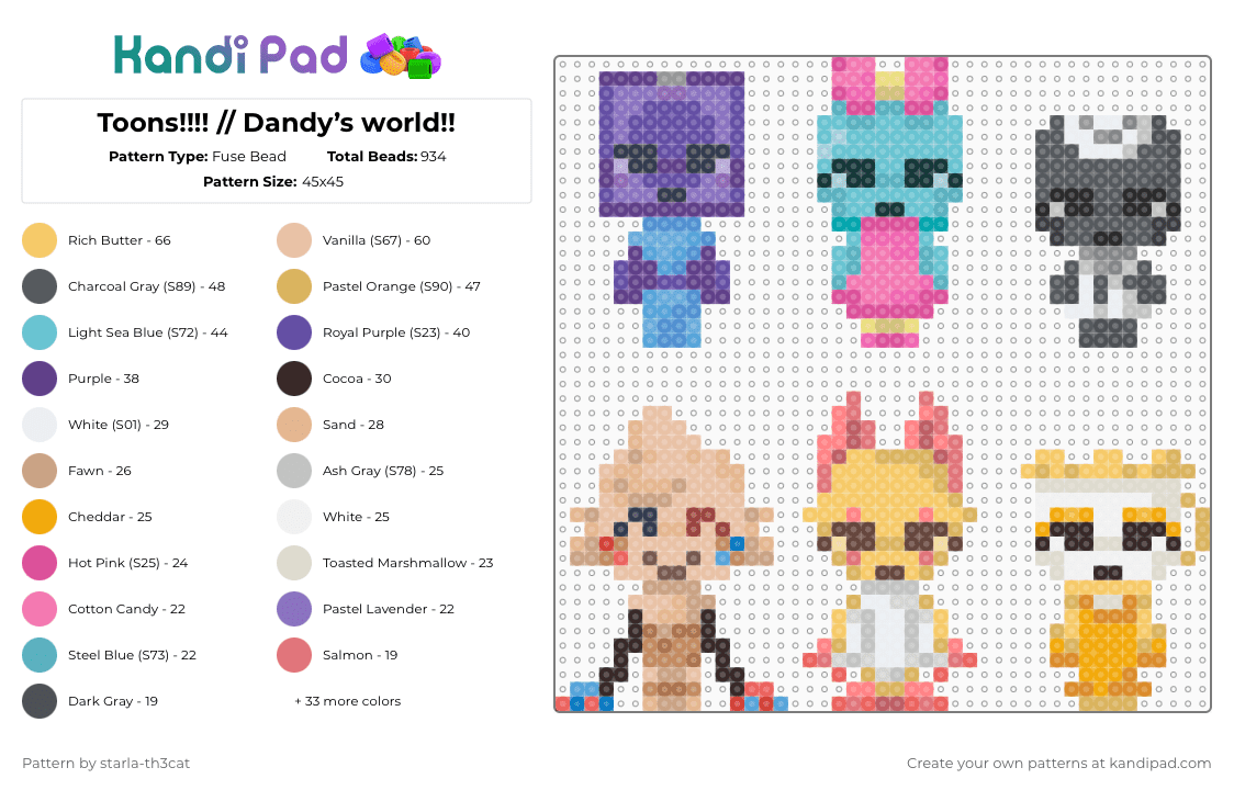 (DO NOT REPOST) Toons!!!! // Dandy’s world!! - Fuse Bead Pattern by starla-th3cat on Kandi Pad - purple,yellow,light blue,orange,colorful,dandys world,roblox,goob,scraps,poppy,boxten,teagan,toodles