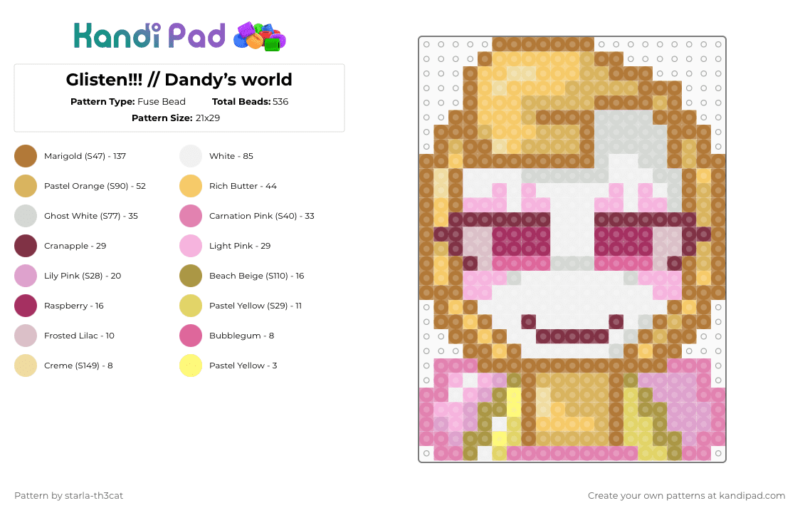 Glisten!!! // Dandy’s world - Fuse Bead Pattern by starla-th3cat on Kandi Pad - tan,pink,yellow,dandys world,toon,roblox,glisten,game,mirror