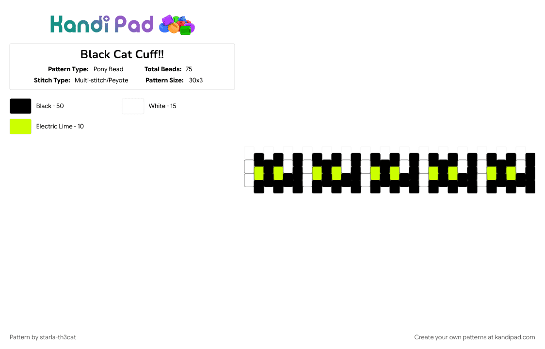 Black Cat Cuff!! - Pony Bead Pattern by starla-th3cat on Kandi Pad - animal, black, black cat, cat, cute, halloween, october, silly, spooky, white, yellow