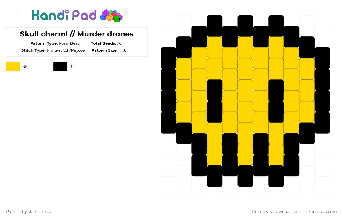 Skull charm! // Murder drones - Pony Bead Pattern by starla-th3cat on Kandi Pad - black,yellow,murder drones,skull,charm