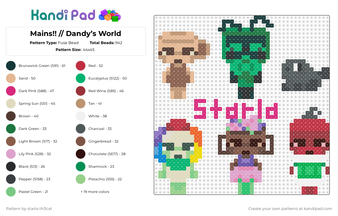 (DO NOT REPOST) Mains!! // Dandy’s World - Fuse Bead Pattern by starla-th3cat on Kandi Pad - green,beige,brown,red,colorful,dandys world,main,dandy,bobette,shelly,pebble,bassie,vee