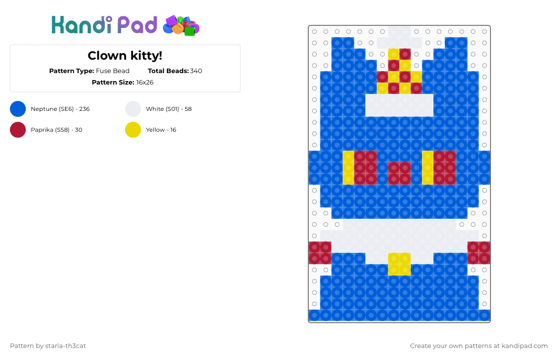 Clown kitty! - Fuse Bead Pattern by starla-th3cat on Kandi Pad - blue,cat