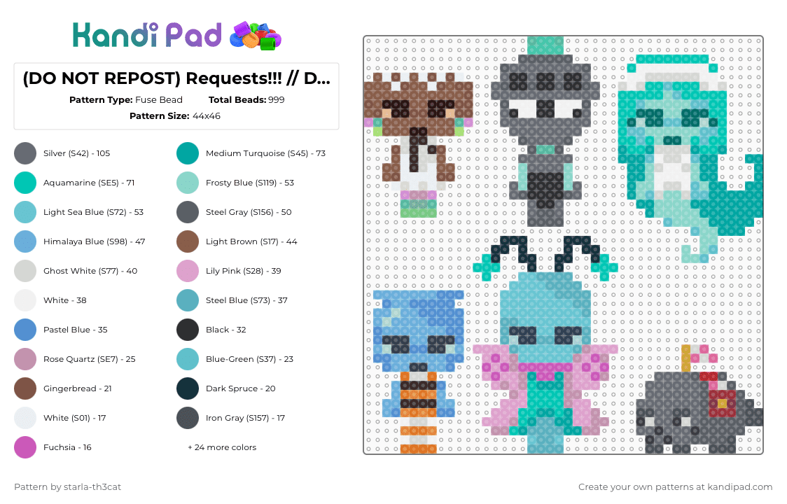 (DO NOT REPOST) Requests!!! // Dandy’s world - Fuse Bead Pattern by starla-th3cat on Kandi Pad - teal,gray,light blue,pink,colorful,dandys world,roblox,cosmo,soulvester,connie,finn,flyte,coal