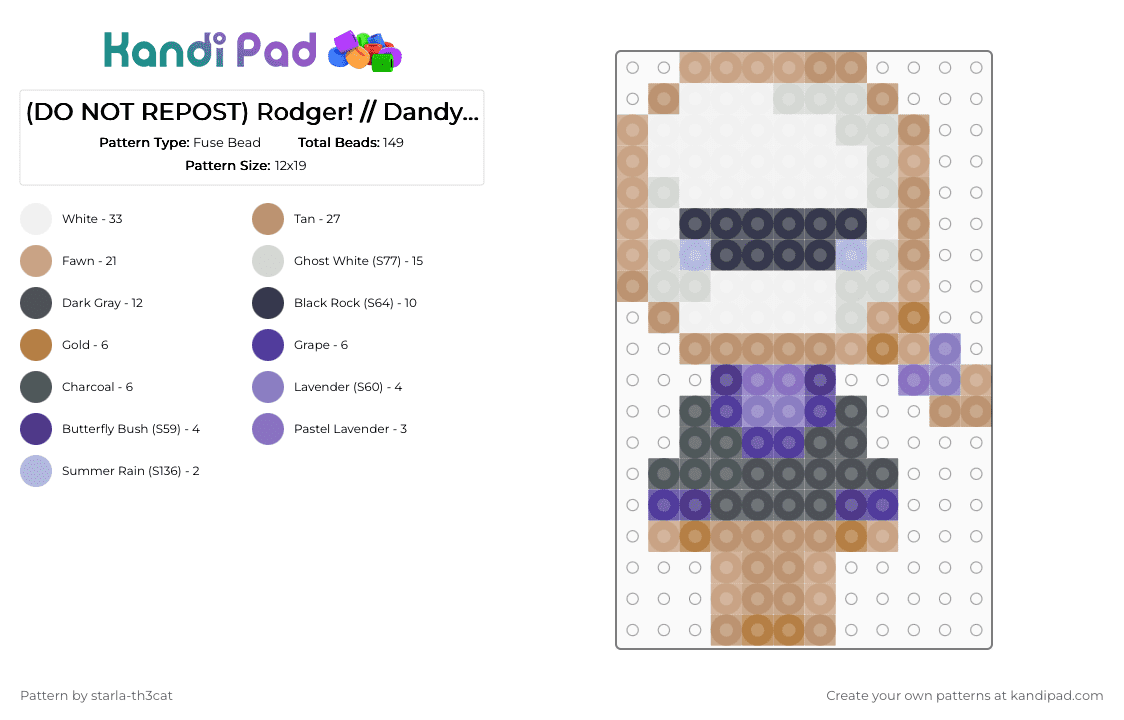 (DO NOT REPOST) Rodger! // Dandy’s World - Fuse Bead Pattern by starla-th3cat on Kandi Pad - beige,purple,dandys world,toon,rodger,magnifying glass,detective,roblox,game