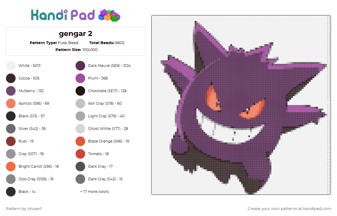 gengar 2 - Fuse Bead Pattern by loluser1 on Kandi Pad - brown, pink, white