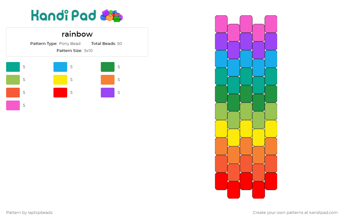 rainbow - Pony Bead Pattern by laptxpbeadz on Kandi Pad - rainbow,vibrant,spectrum,colorful,joy,diversity,bright,cheerful