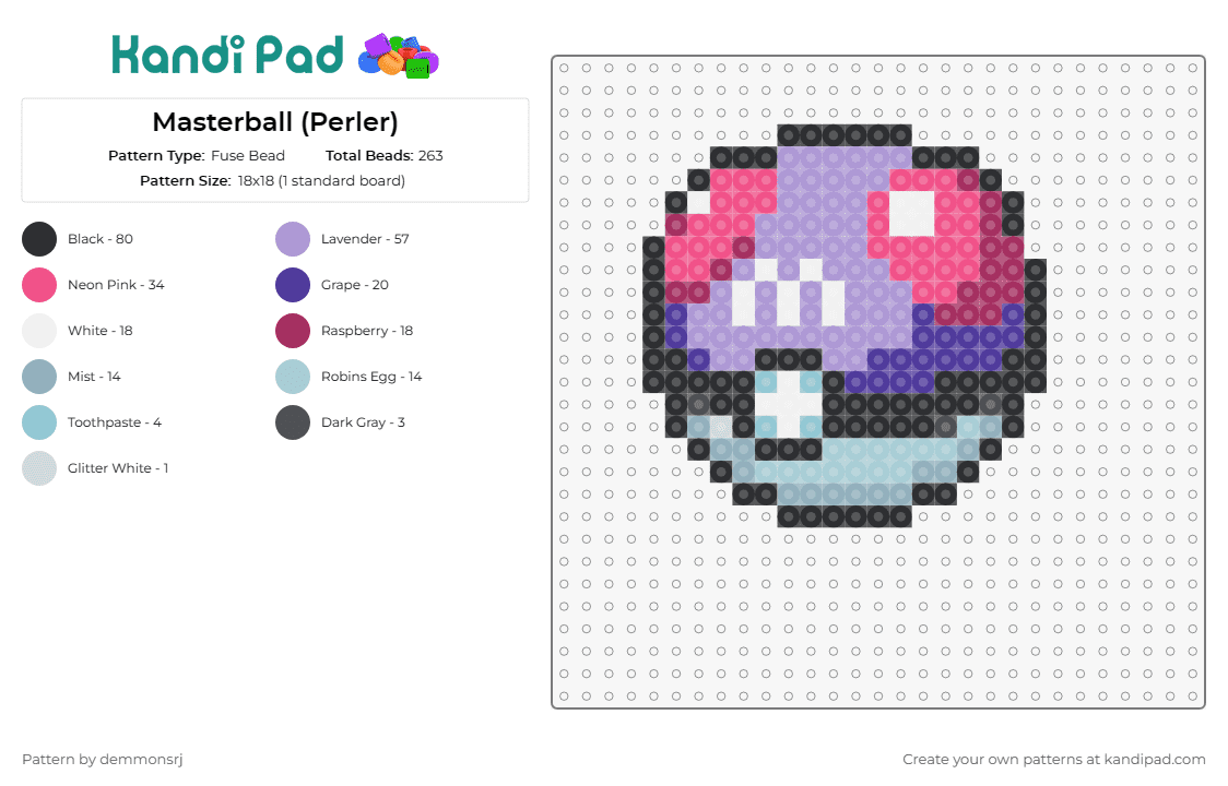 Masterball (Perler) - Fuse Bead Pattern by demmonsrj on Kandi Pad - masterball,pokeball,pokemon,gaming,capture,trainer,iconic,purple