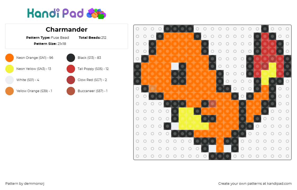 Charmander - Fuse Bead Pattern by demmonsrj on Kandi Pad - charmander,pokemon,adorable,fire-type,creature,orange