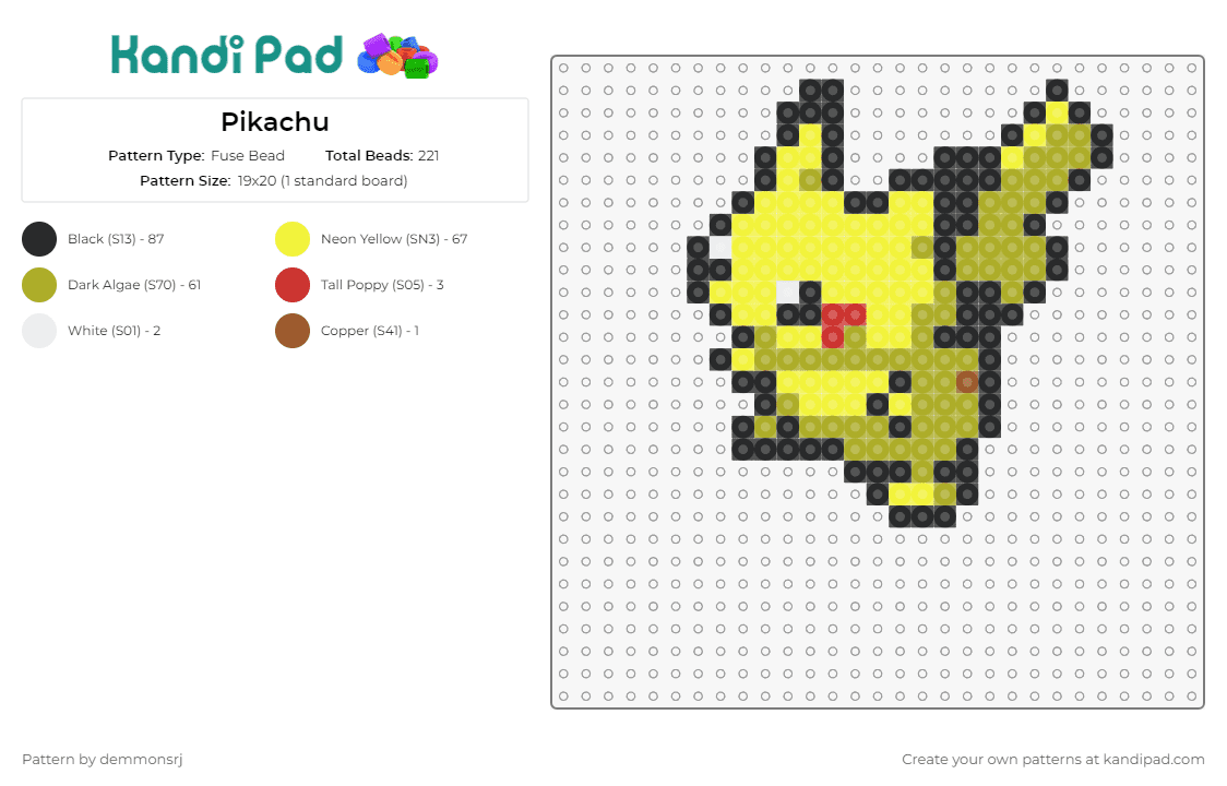 Pikachu - Fuse Bead Pattern by demmonsrj on Kandi Pad - pikachu,pokemon,iconic,vibrant,electric,lively,charm,yellow