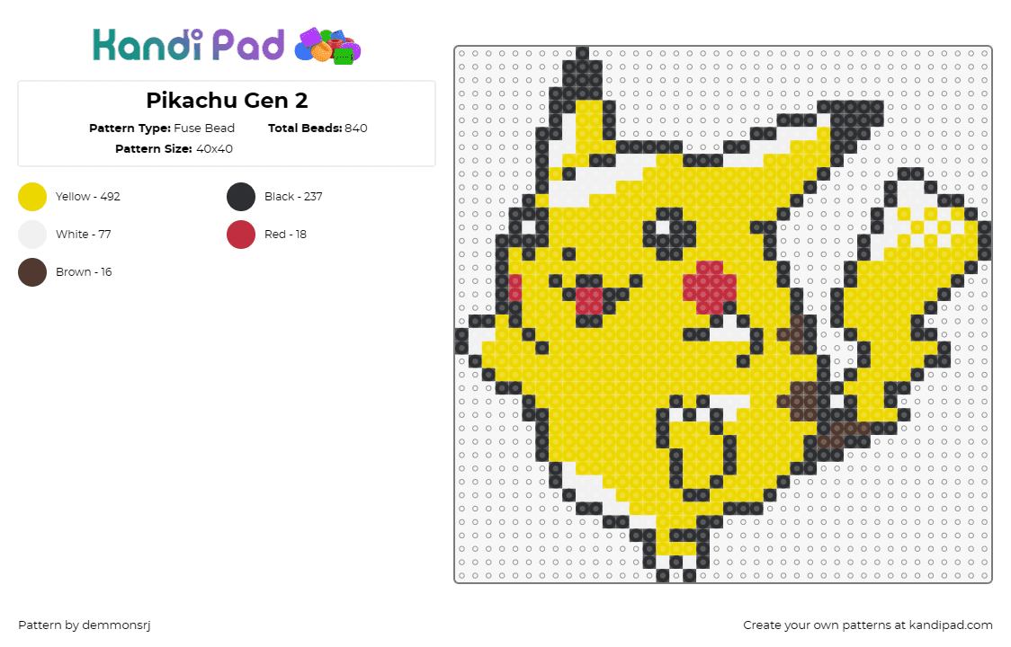 Pikachu Gen 2 - Fuse Bead Pattern by demmonsrj on Kandi Pad - pikachu,pokemon,electric-type,gaming,anime,character,vibrant,playful,yellow