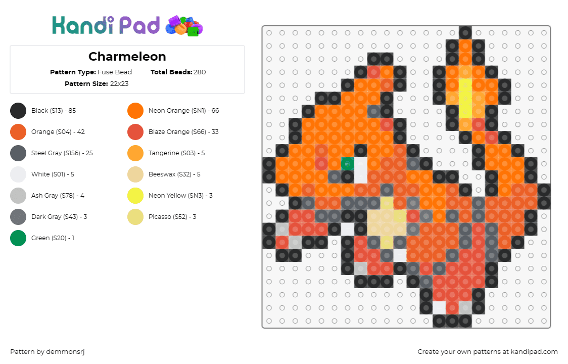 Charmeleon - Fuse Bead Pattern by demmonsrj on Kandi Pad - charmeleon,pokemon,charmander,charizard,evolution,fiery,spirit,creature,orange