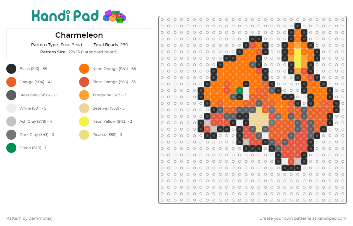 Charmeleon - Fuse Bead Pattern by demmonsrj on Kandi Pad - charmeleon,pokemon,charmander,charizard,evolution,fiery,spirit,creature,orange