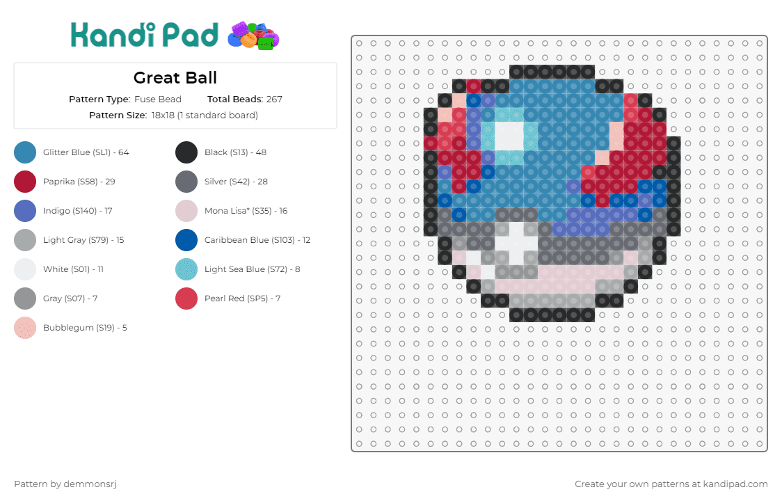 Great Ball - Fuse Bead Pattern by demmonsrj on Kandi Pad - great ball,pokeball,pokemon,gaming,capture,trainer,iconic,blue,red