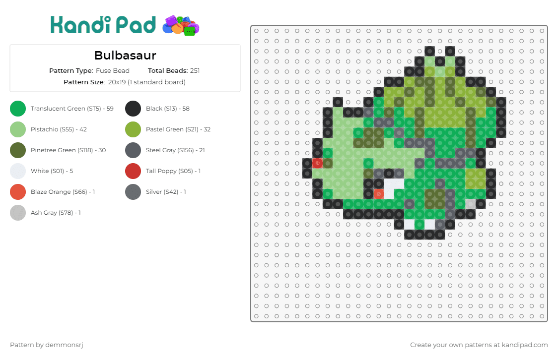 Bulbasaur - Fuse Bead Pattern by demmonsrj on Kandi Pad - bulbasaur,pokemon,ivysaur,venusaur,grass type,seedling,anime,game,creature,green
