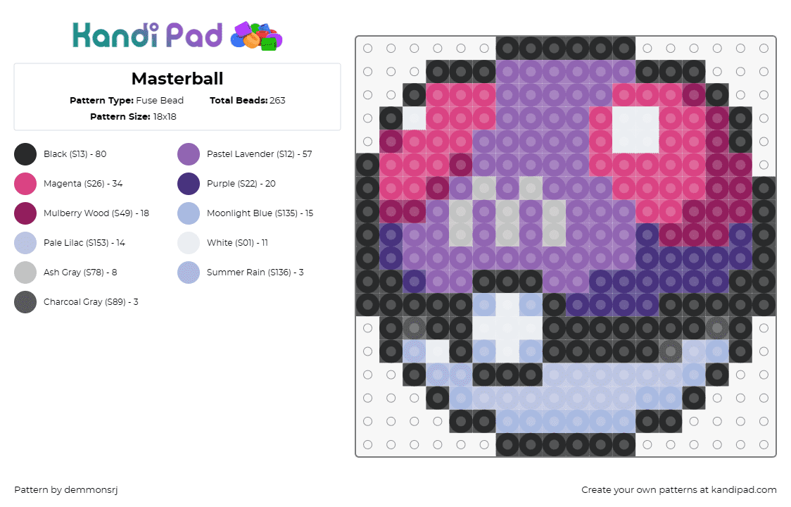 Masterball - Fuse Bead Pattern by demmonsrj on Kandi Pad - master ball,pokeball,pokemon,gaming,ultimate,capture,purple,pink