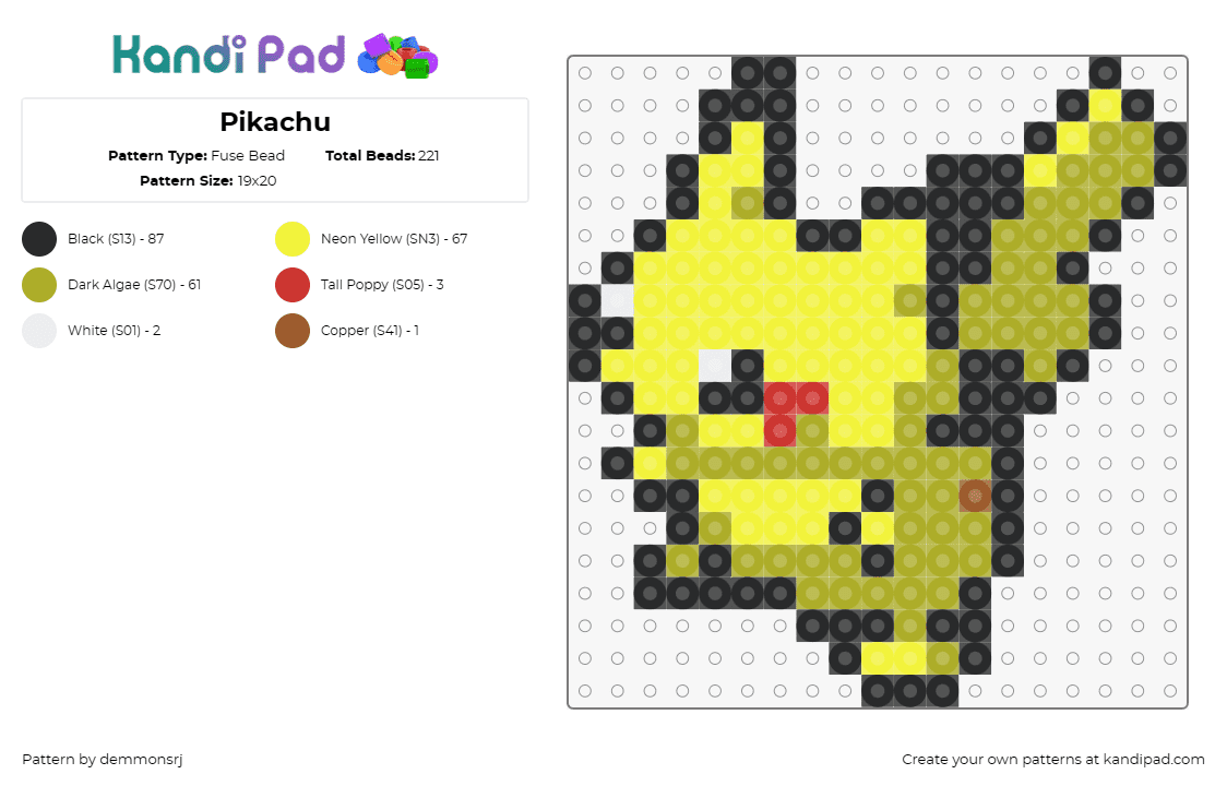 Pikachu - Fuse Bead Pattern by demmonsrj on Kandi Pad - pikachu,pokemon,vibrant,electric,lively,yellow