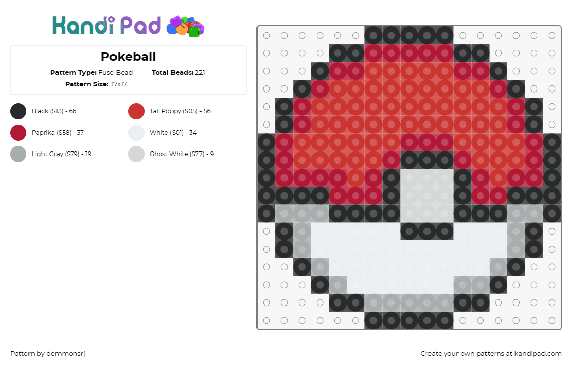 Pokeball - Fuse Bead Pattern by demmonsrj on Kandi Pad - pokeball,pokemon,gaming,red,white