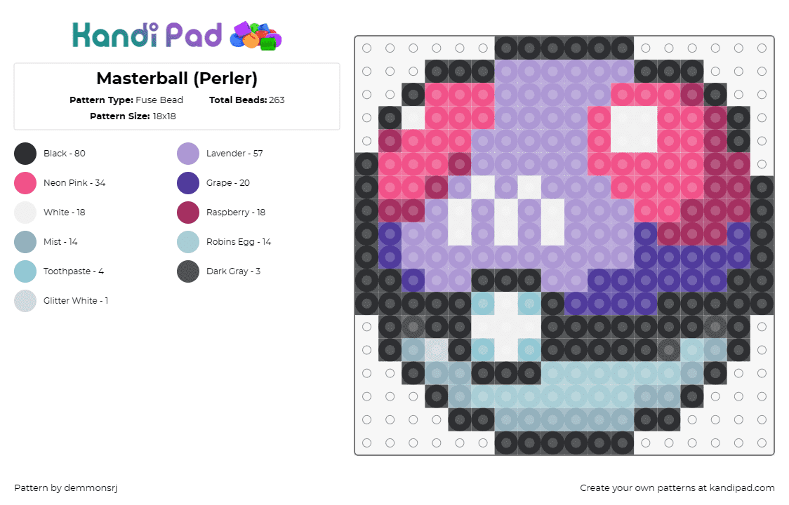 Masterball (Perler) - Fuse Bead Pattern by demmonsrj on Kandi Pad - masterball,pokeball,pokemon,gaming,capture,trainer,purple