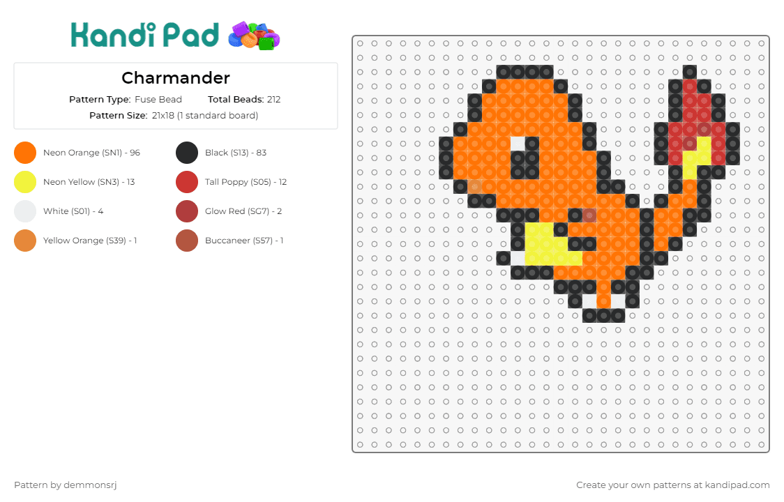 Charmander - Fuse Bead Pattern by demmonsrj on Kandi Pad - charmander,pokemon,adorable,fire-type,beloved,creature,orange