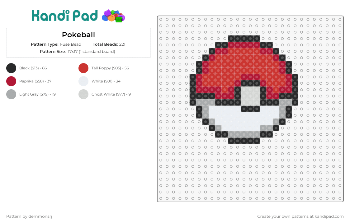 Pokeball - Fuse Bead Pattern by demmonsrj on Kandi Pad - pokeball,pokemon,gaming,capture,trainer,essential,iconic,red,white