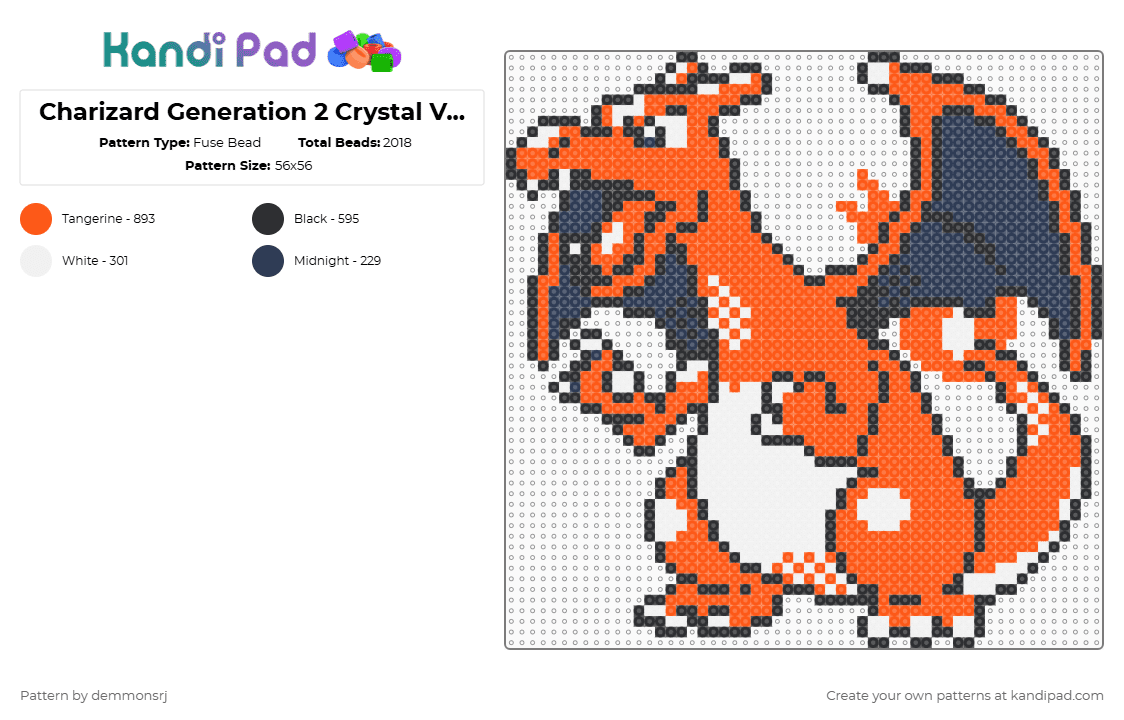 Charizard Generation 2 Crystal Version Perler - Fuse Bead Pattern by demmonsrj on Kandi Pad - charizard,pokemon,gen 2,crystal version,dragon,fire,monster,gaming,video game,orange