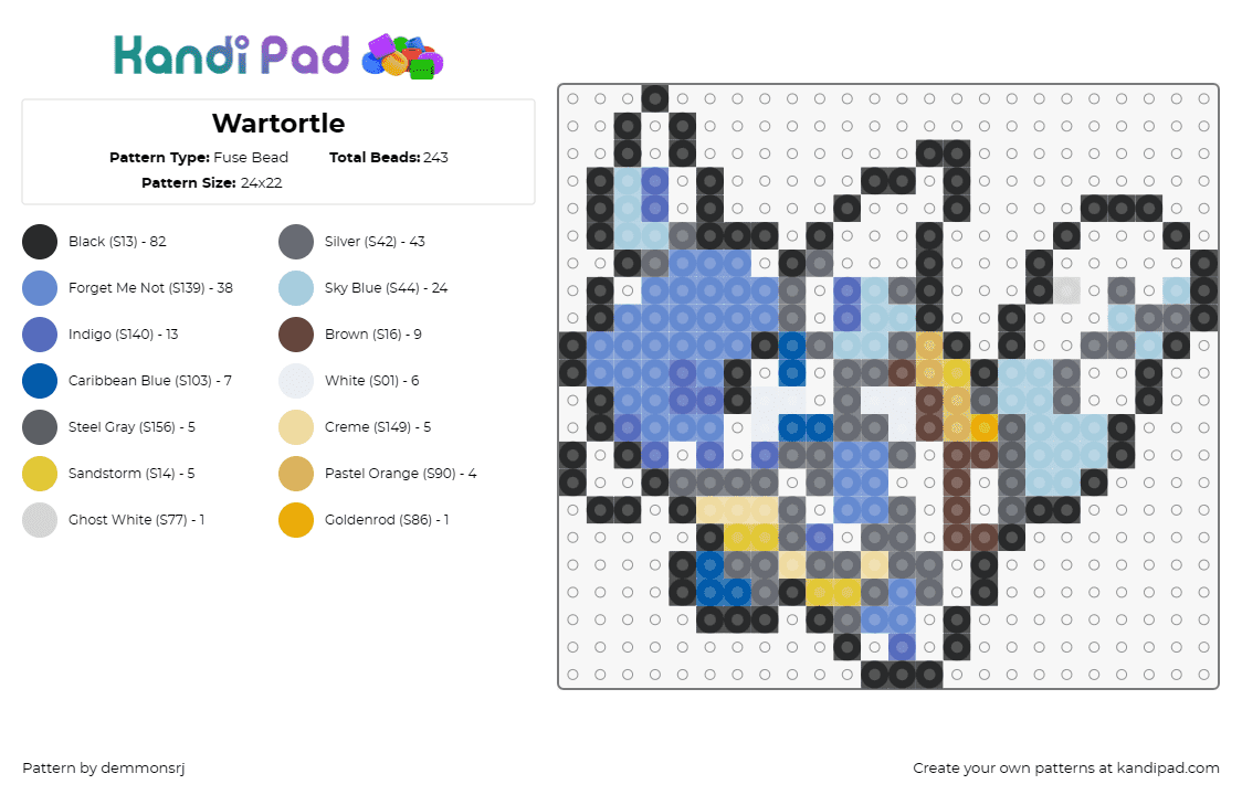 Wartortle - Fuse Bead Pattern by demmonsrj on Kandi Pad - wartortle,pokemon,squirtle,blastoise,evolution,gaming,creature,blue