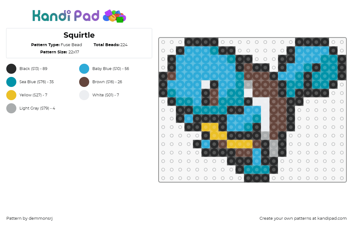 Squirtle - Fuse Bead Pattern by demmonsrj on Kandi Pad - squirtle,pokemon,wartortle,blastoise,water type,turtle,anime,gaming,character,bl
