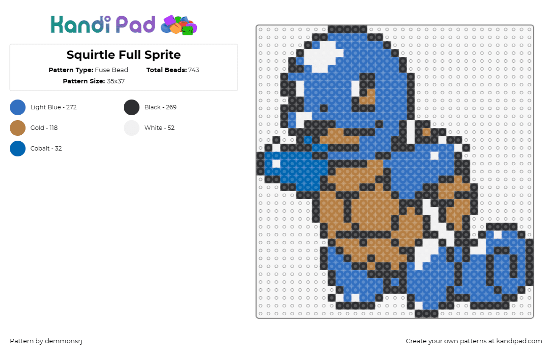 Squirtle Full Sprite - Fuse Bead Pattern by demmonsrj on Kandi Pad - squirtle,pokemon,full sprite,water-type,vibrant,detail,blue