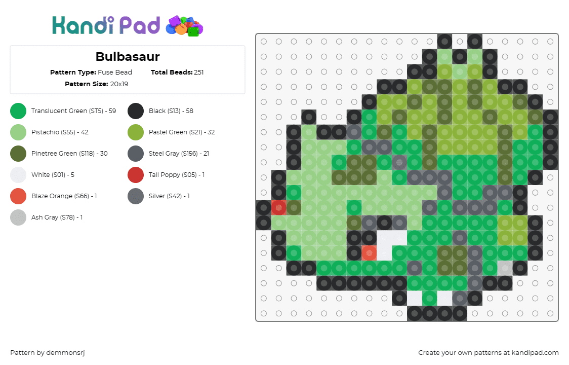 Bulbasaur - Fuse Bead Pattern by demmonsrj on Kandi Pad - bulbasaur,pokemon,ivysaur,venusaur,grass type,seedling,anime,game,creature,green