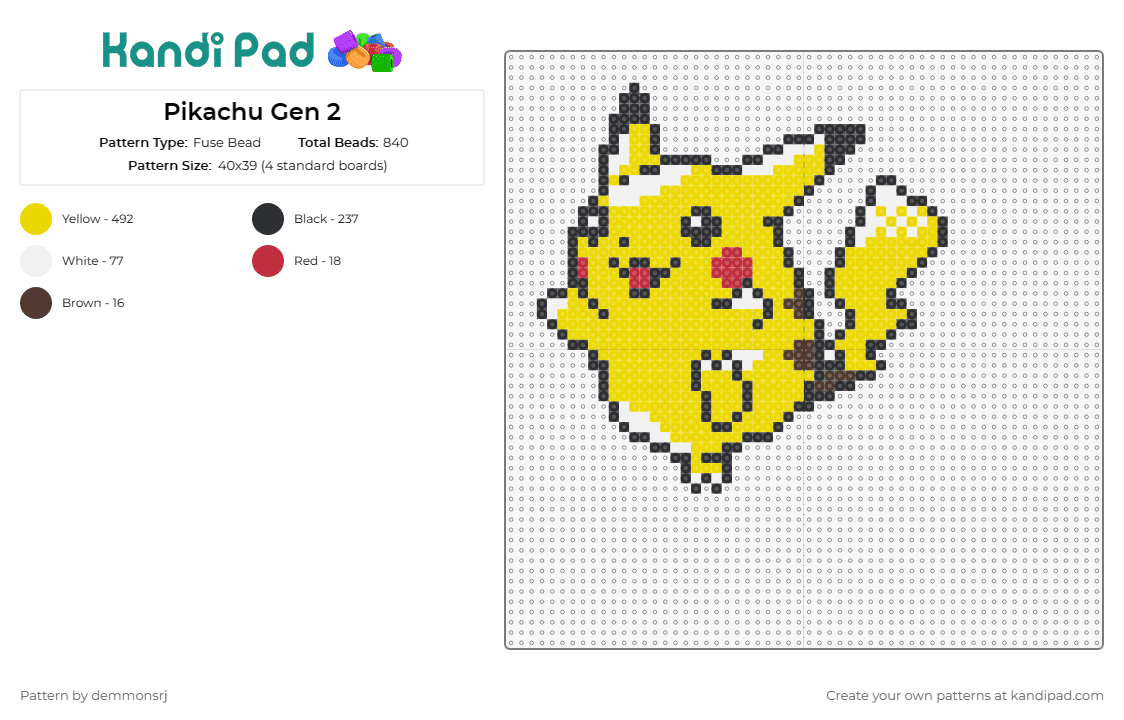 Pikachu Gen 2 - Fuse Bead Pattern by demmonsrj on Kandi Pad - pikachu,pokemon,electric-type,gaming,anime,character,vibrant,playful,yellow