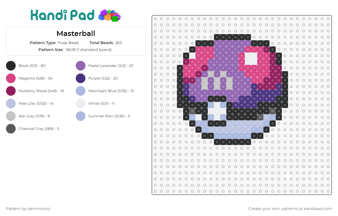 Masterball - Fuse Bead Pattern by demmonsrj on Kandi Pad - master ball,pokeball,pokemon,gaming,ultimate,capture,iconic,purple,pink