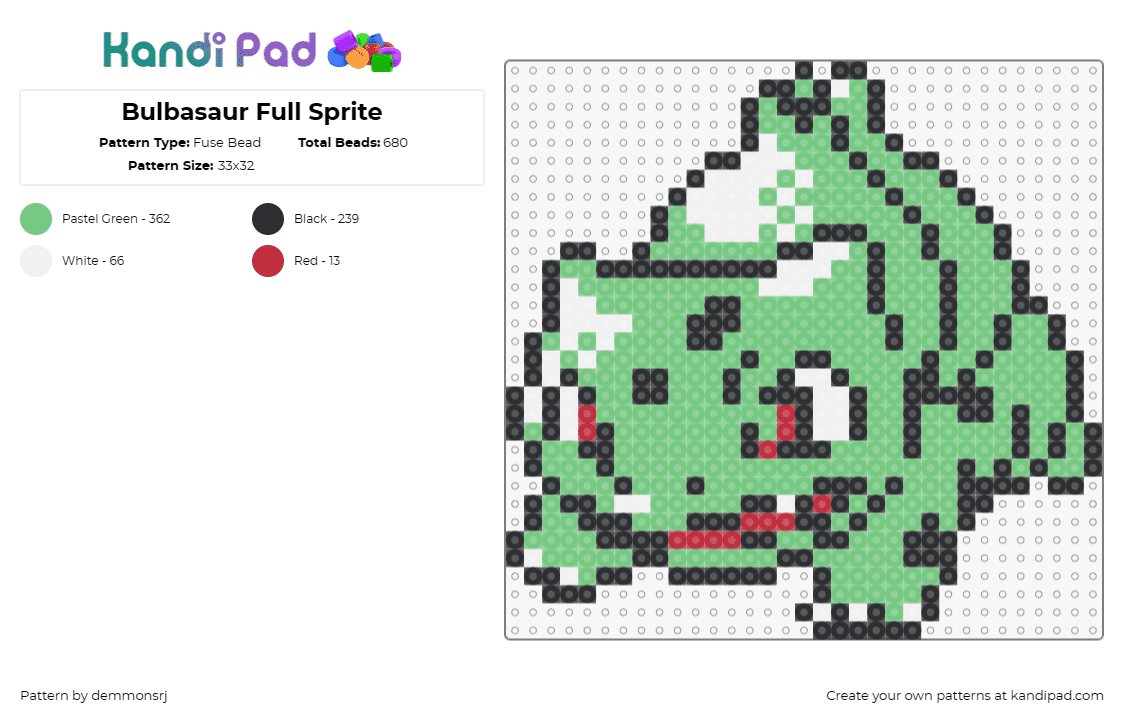 Bulbasaur Full Sprite - Fuse Bead Pattern by demmonsrj on Kandi Pad - bulbasaur,pokemon,full sprite,classic,nostalgic,green